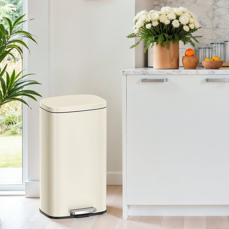 Pedal Rubbish Bin – Stainless Steel – Beige – Soft-Close Lid with Inner Bucket