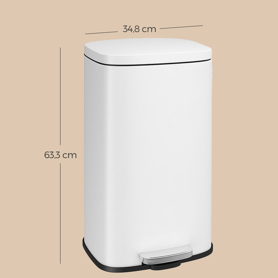 Pedal Rubbish Bin – Stainless Steel – White – Soft-Close Lid with Inner Bucket, 30L