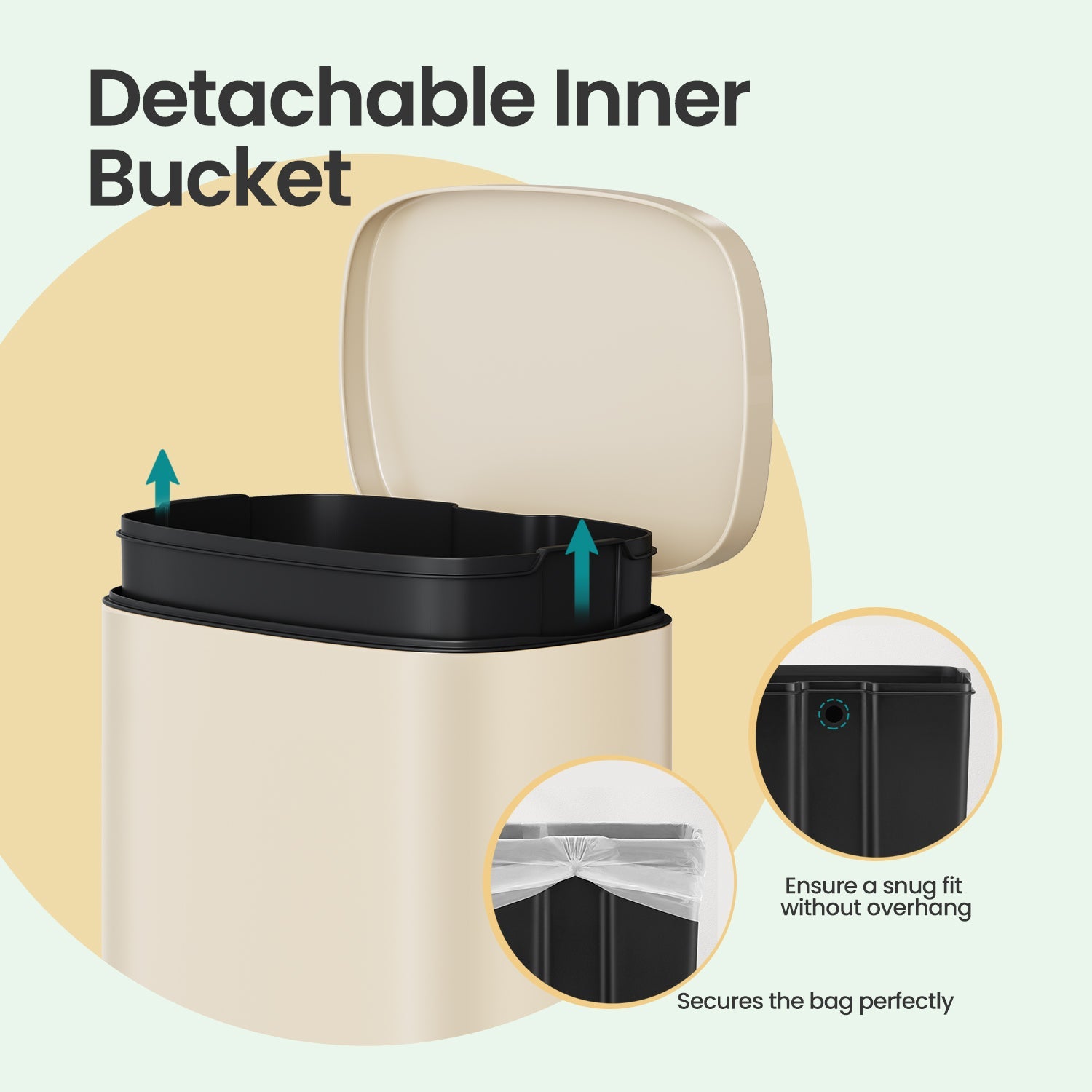 Pedal Trash Bin – Stainless Steel – Beige – Soft Close with Removable Inner Bucket – 50 L Capacity