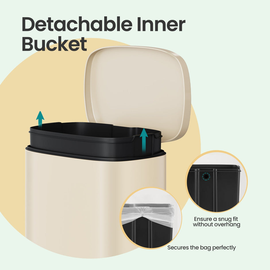 Pedal Trash Bin – Stainless Steel – Beige – Soft Close with Removable Inner Bucket – 50 L Capacity
