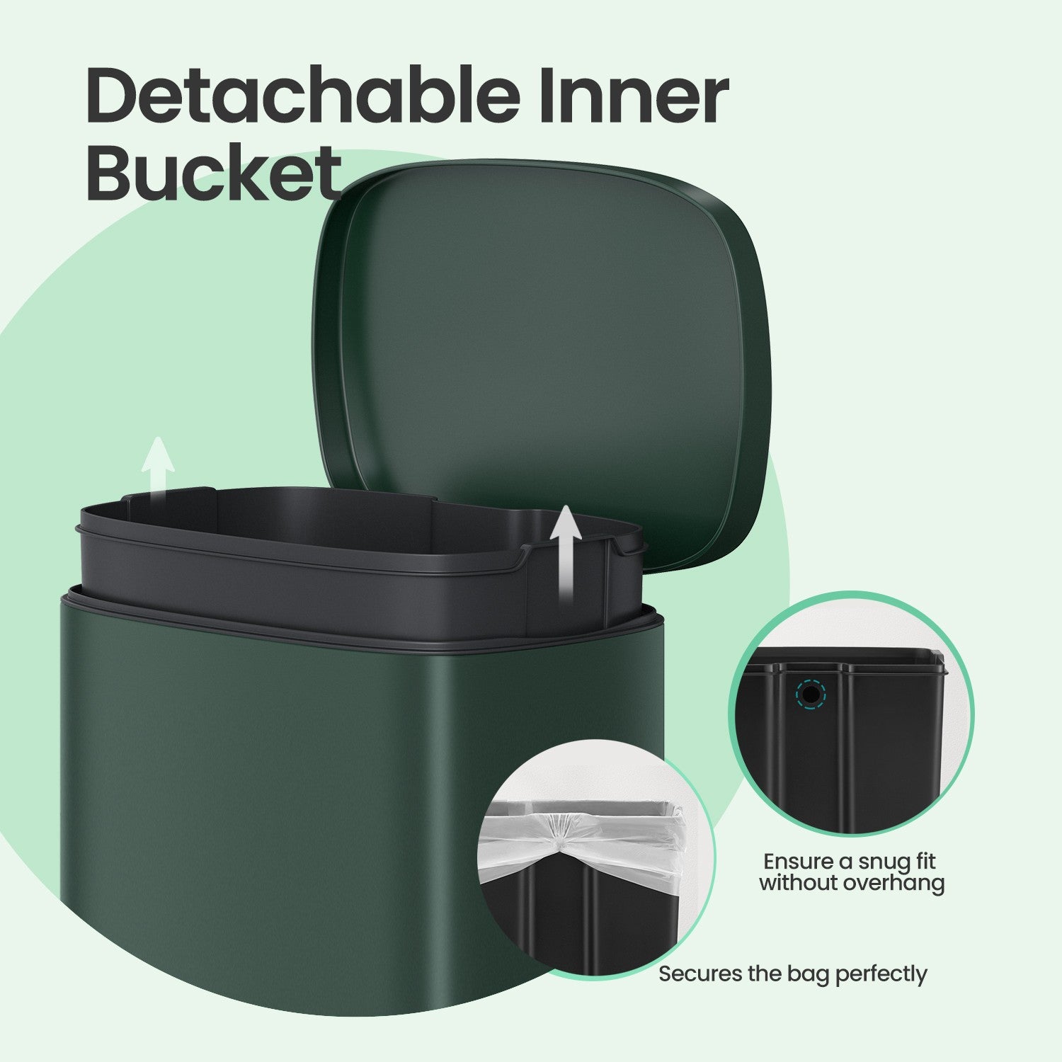 Pedal Rubbish Bin – Stainless Steel – Green – 50 L Soft Close with Removable Inner Bucket