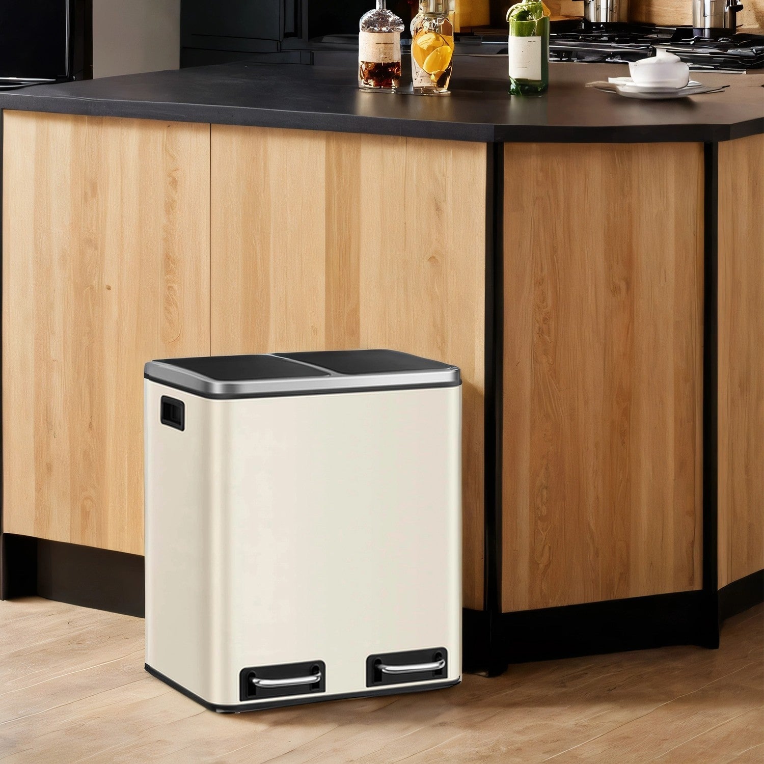 Dual Rubbish Bin – Stainless Steel – Sand Beige and Black – Soft Close with Inner Classified Buckets
