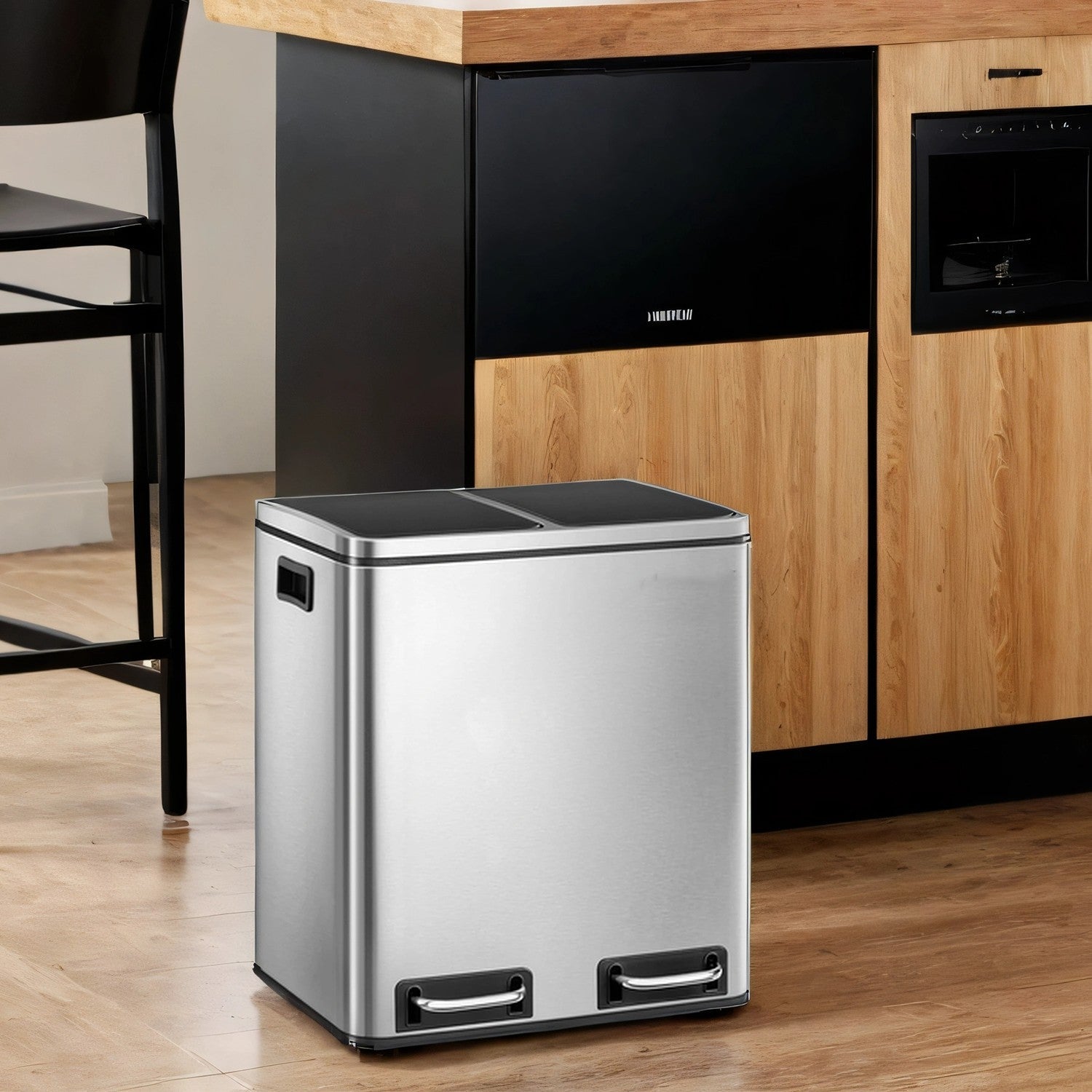 Double Kitchen Bin – Stainless Steel – Silver – Pedal Operation with Inner Classified Buckets