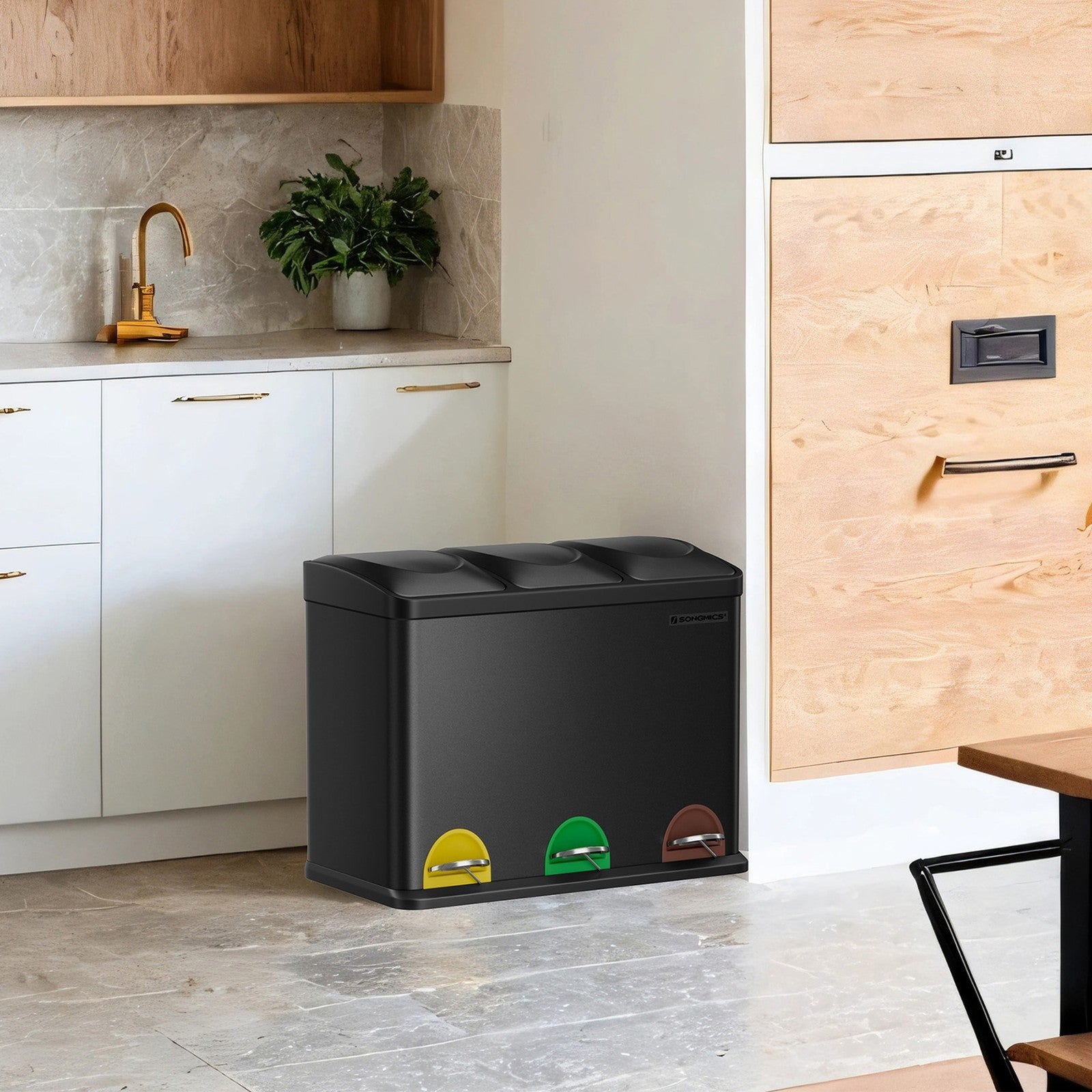 Triple Kitchen Bin – Stainless Steel – Silver – 45L Waste Separation System