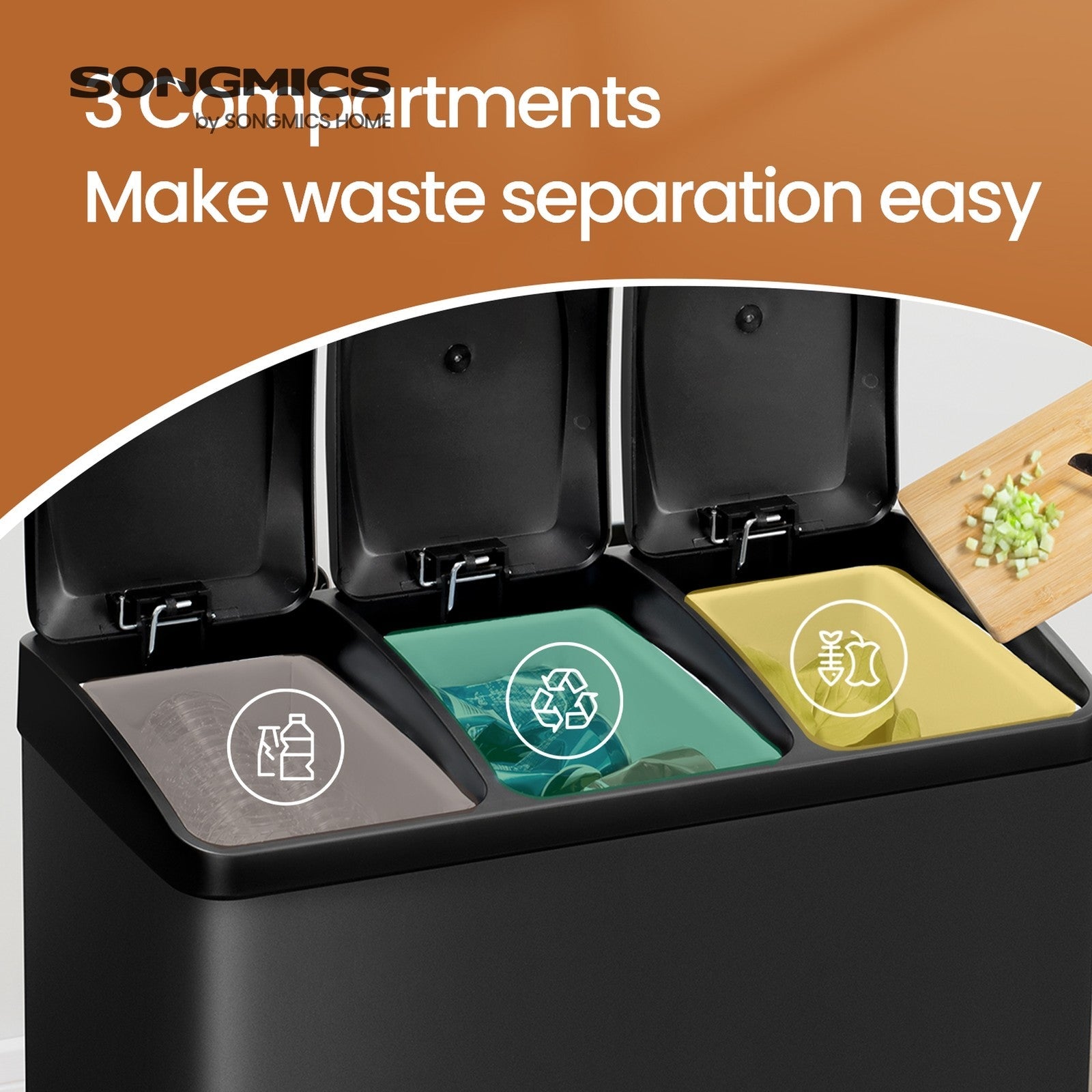 Triple Kitchen Bin – Stainless Steel – Silver – 45L Waste Separation System