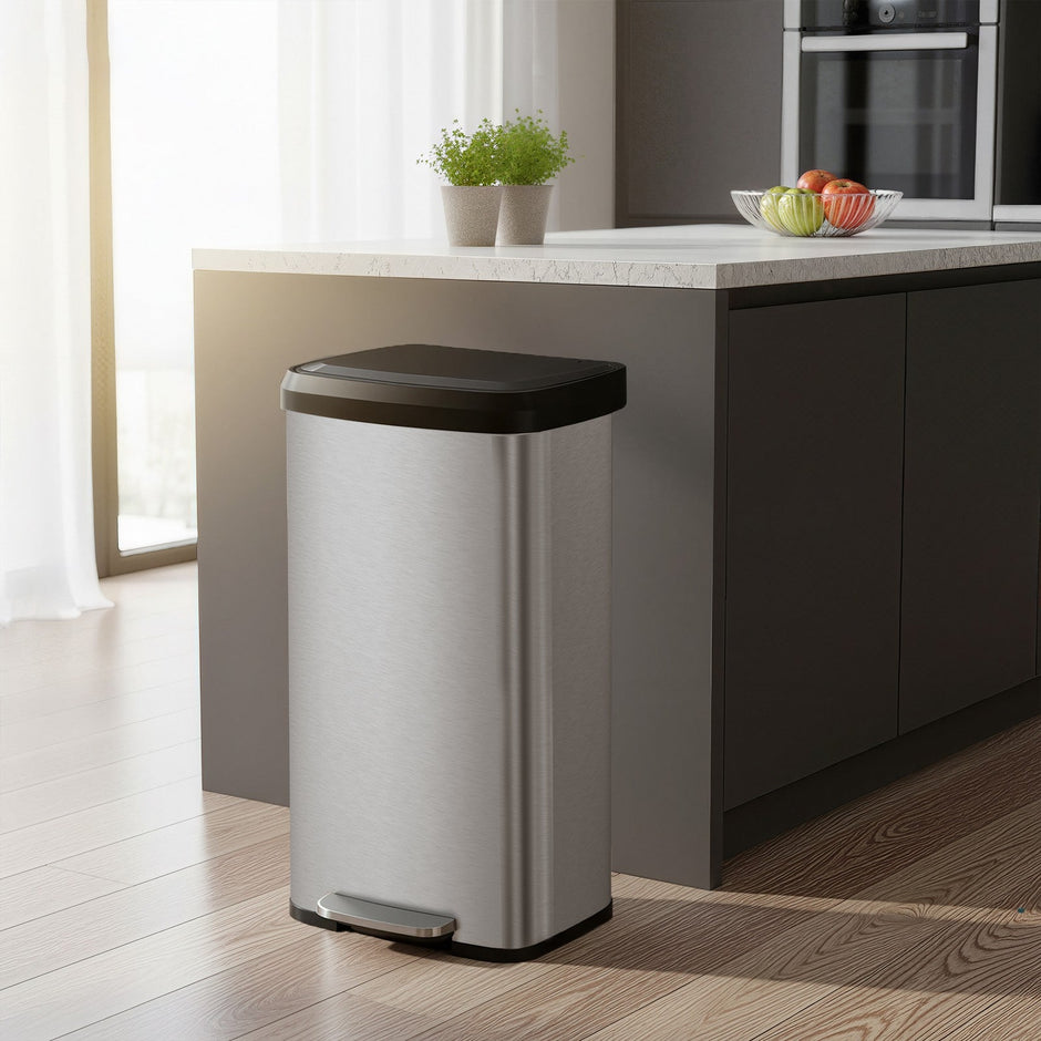 Metal Pedal Kitchen Bin – 68L – Silver – Tall Design with Lid