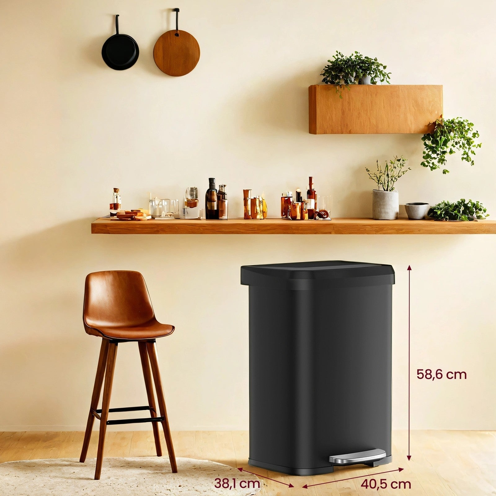 Tall Kitchen Trash Can – Stainless Steel – Silver – 50 L with Stay-Open Lid and Step-on Pedal