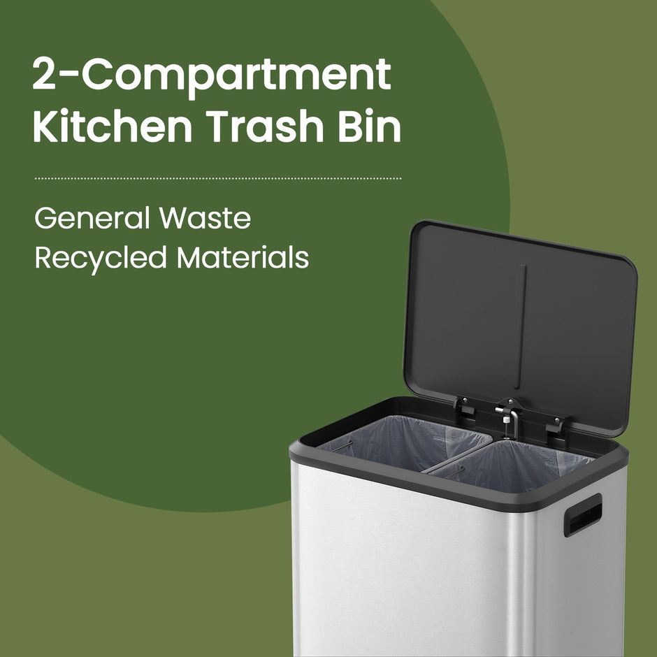 Double Kitchen Bin – Steel – Metallic Silver – Soft-Close Lid with Inner Buckets