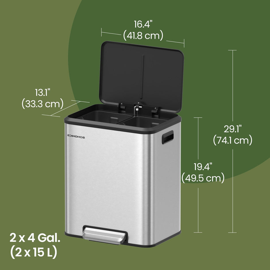 Double Kitchen Bin – Steel – Metallic Silver – Soft-Close Lid with Inner Buckets