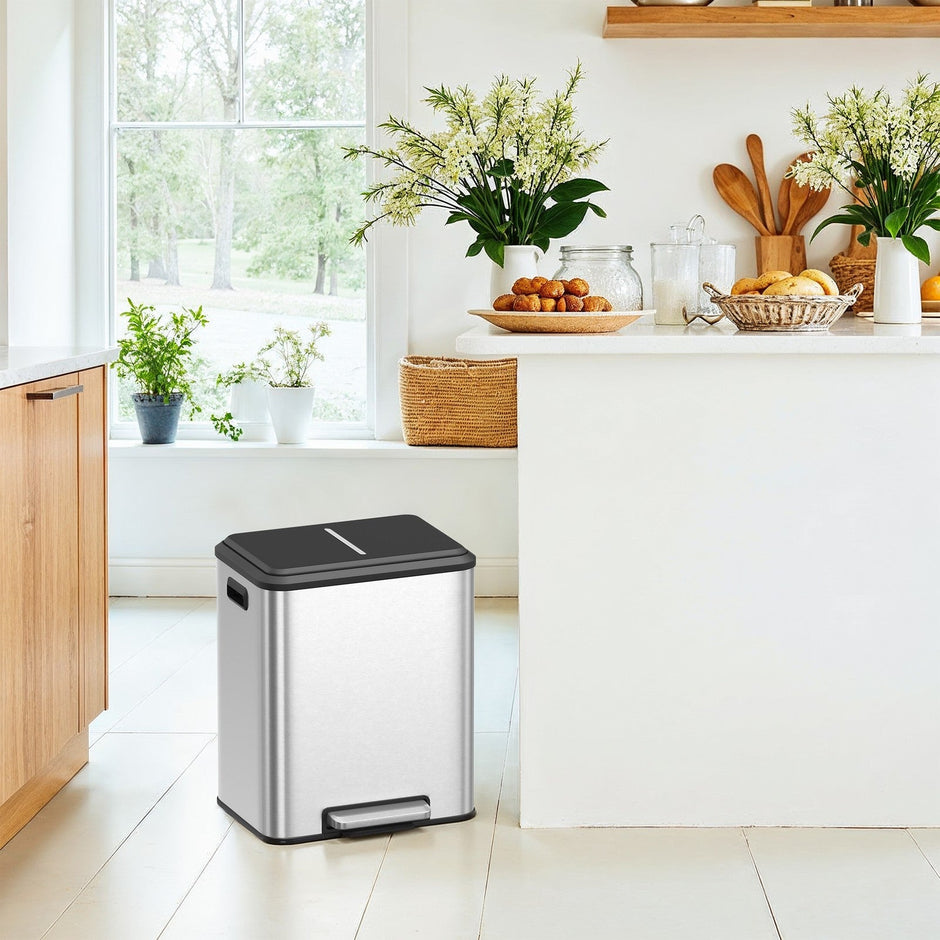 Double Kitchen Bin – Steel – Metallic Silver – Soft-Close Lid with Inner Buckets