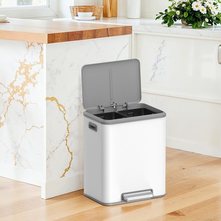 Double Kitchen Bin – Steel – Metallic Silver – Soft-Close Lid with Inner Buckets