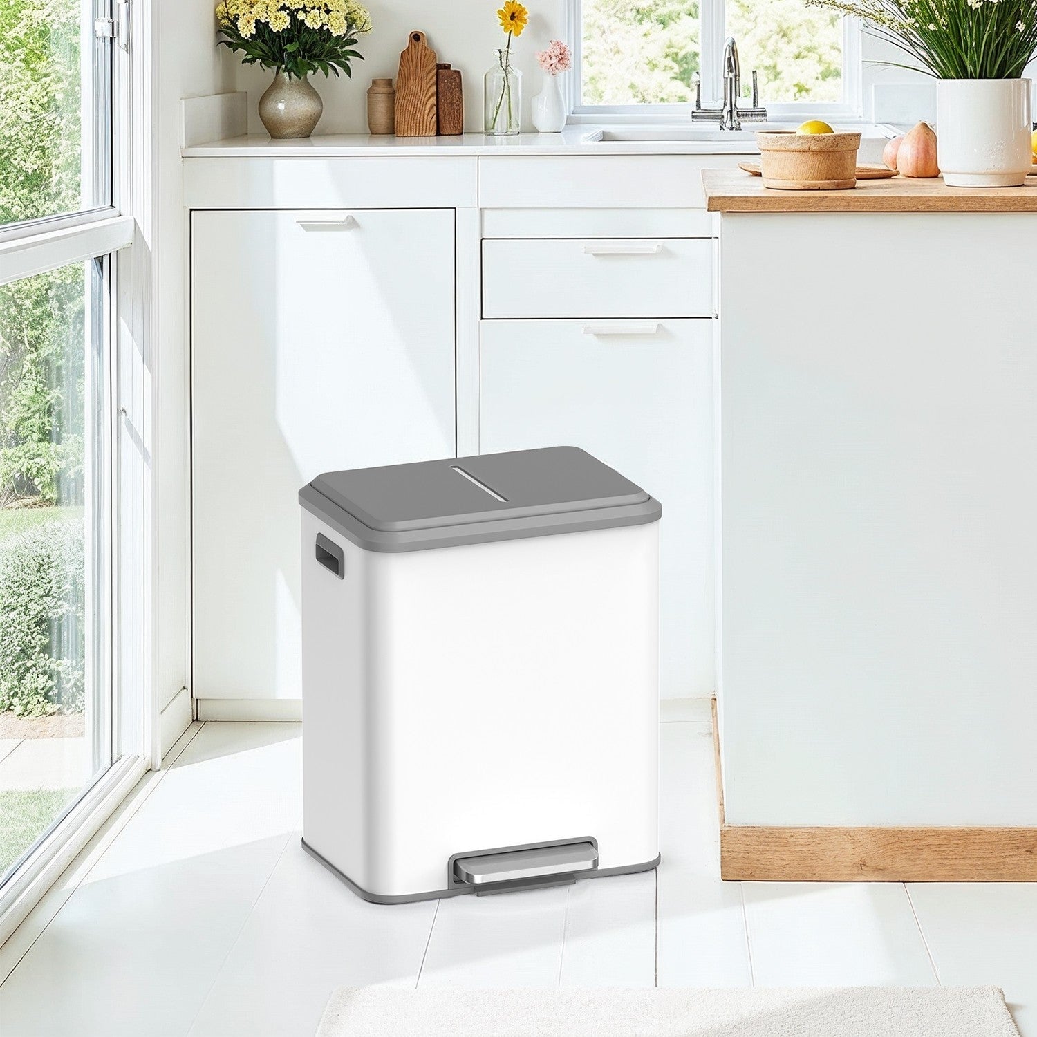 Double Kitchen Bin – Steel – Metallic Silver – Soft-Close Lid with Inner Buckets