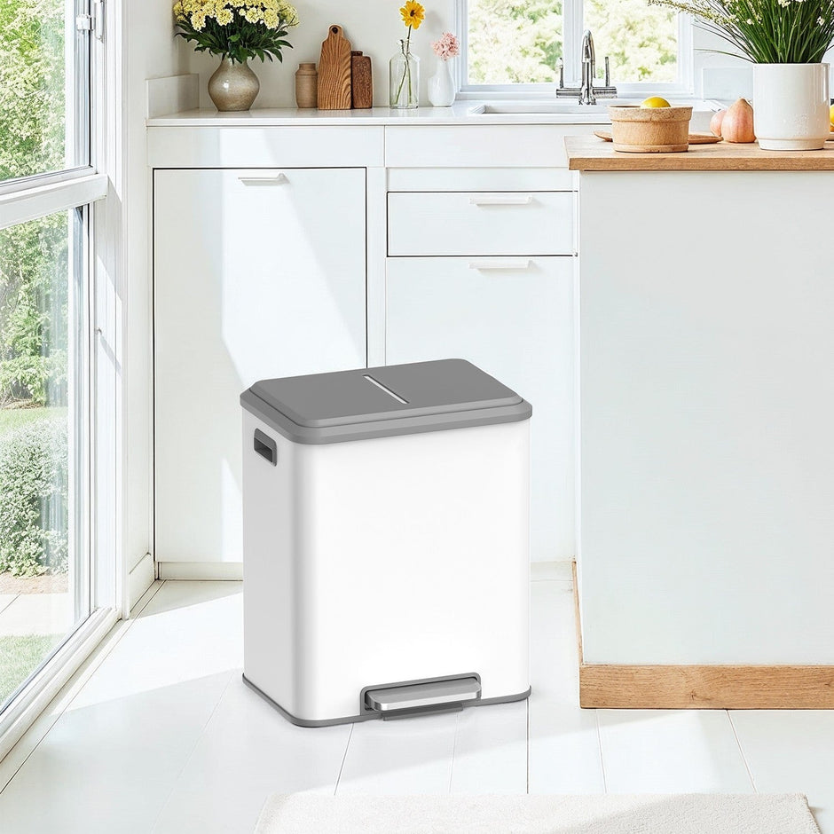 Double Kitchen Bin – Steel – Metallic Silver – Soft-Close Lid with Inner Buckets