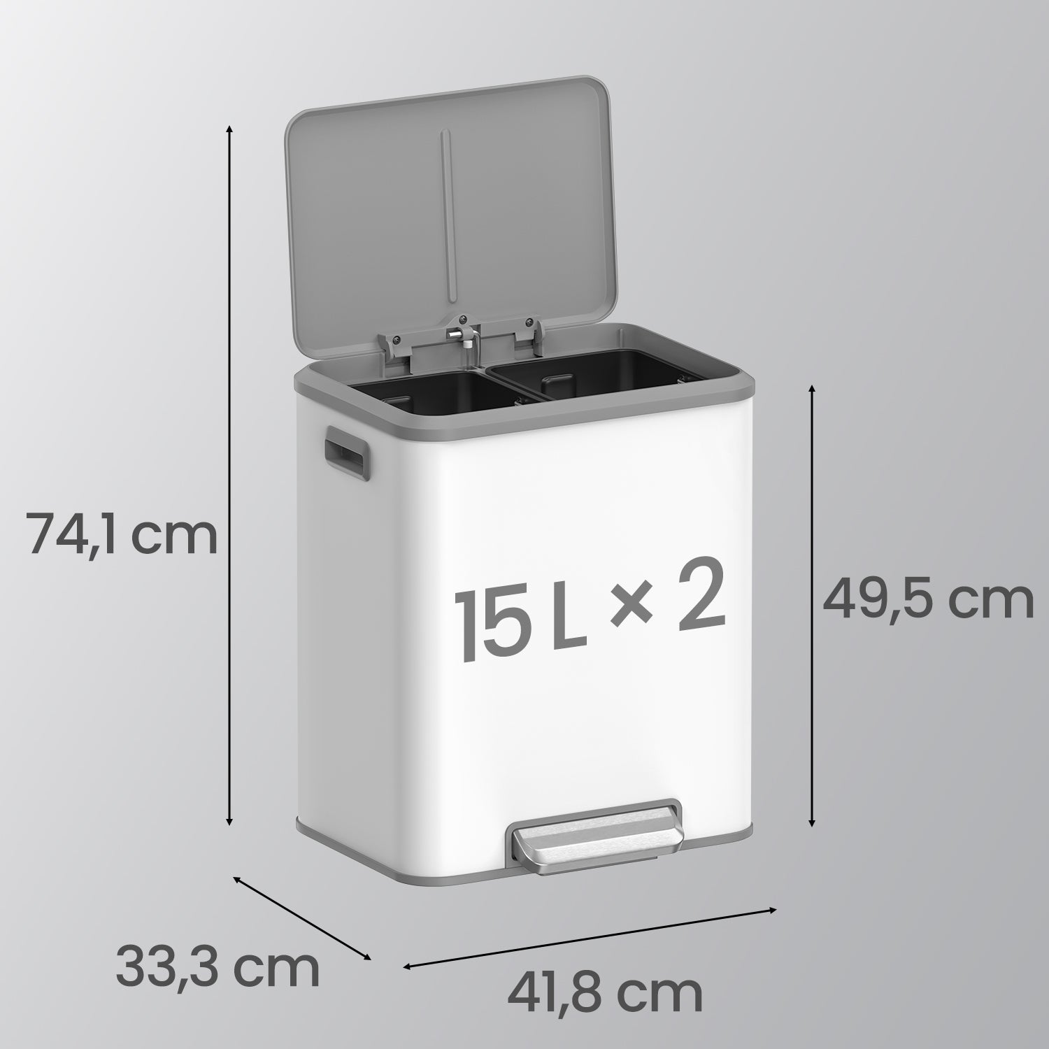 Double Kitchen Bin – Steel – Metallic Silver – Soft-Close Lid with Inner Buckets