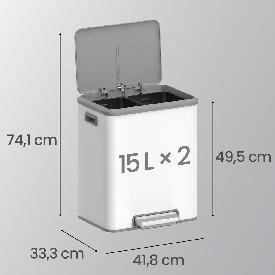 Double Kitchen Bin – Steel – Metallic Silver – Soft-Close Lid with Inner Buckets