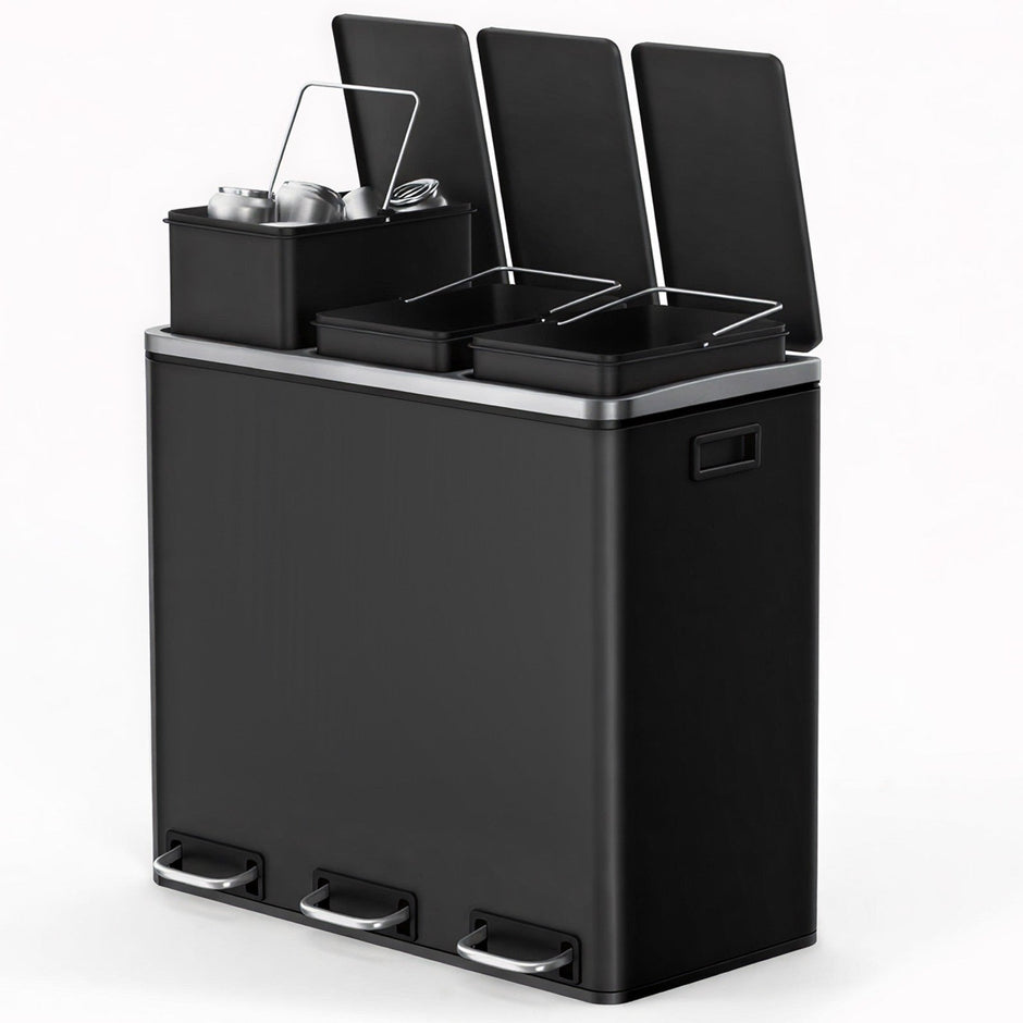 3-Compartment Recycling Bin – Stainless Steel – Fingerprint Resistant – Soft-Closing Lids