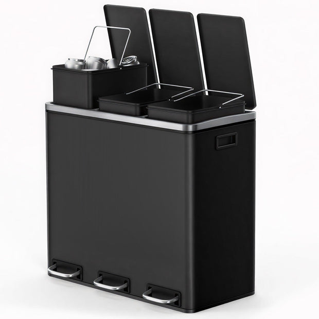 3-Compartment Recycling Bin – Stainless Steel – Fingerprint Resistant – Soft-Closing Lids