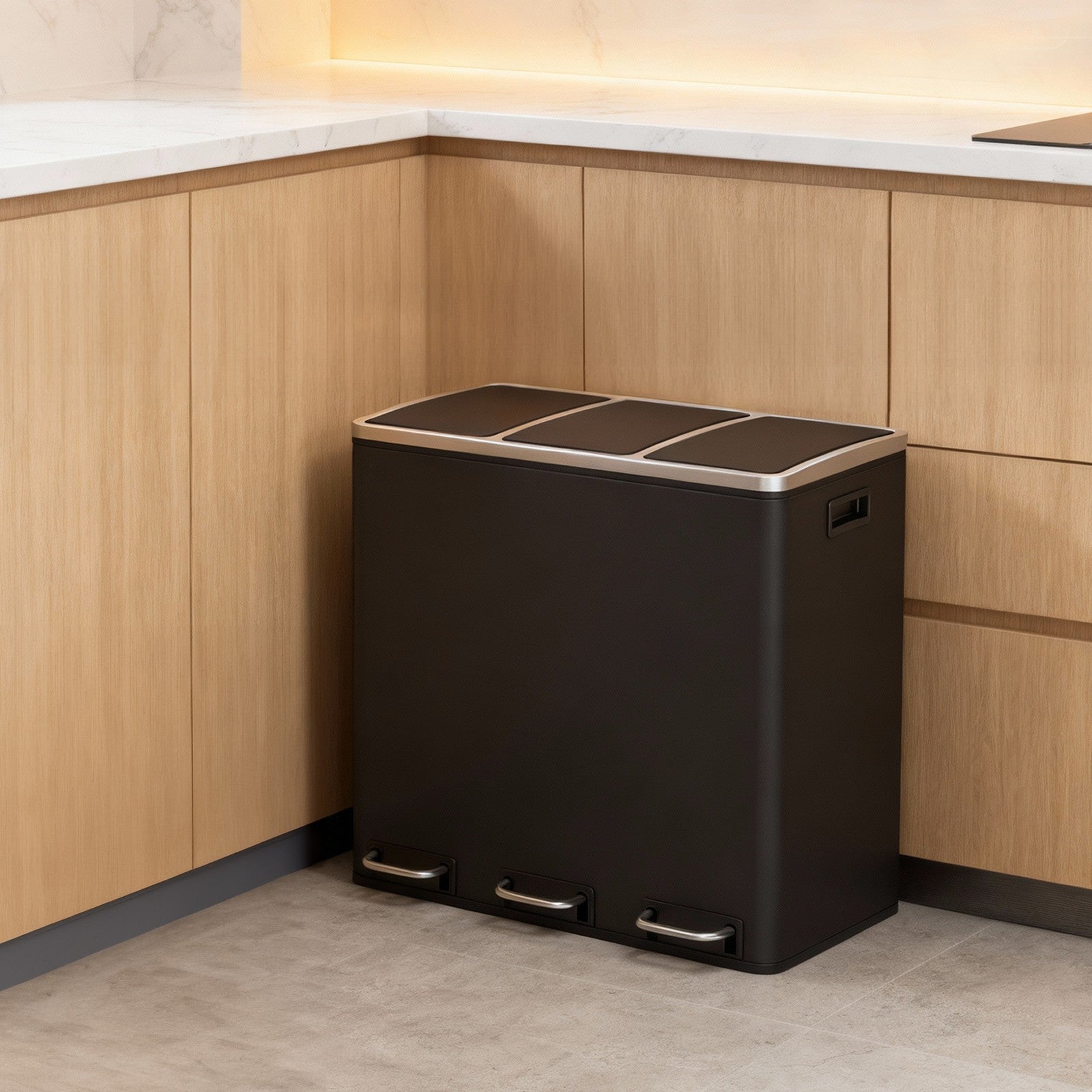 3-Compartment Recycling Bin – Stainless Steel – Fingerprint Resistant – Soft-Closing Lids