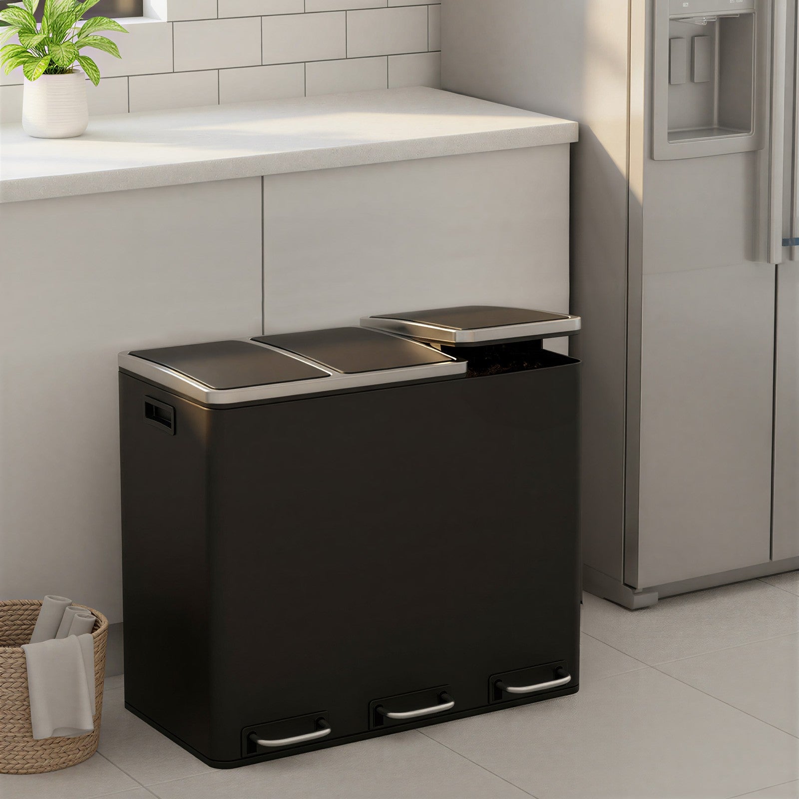 3-Compartment Recycling Bin – Stainless Steel – Fingerprint Resistant – Soft-Closing Lids
