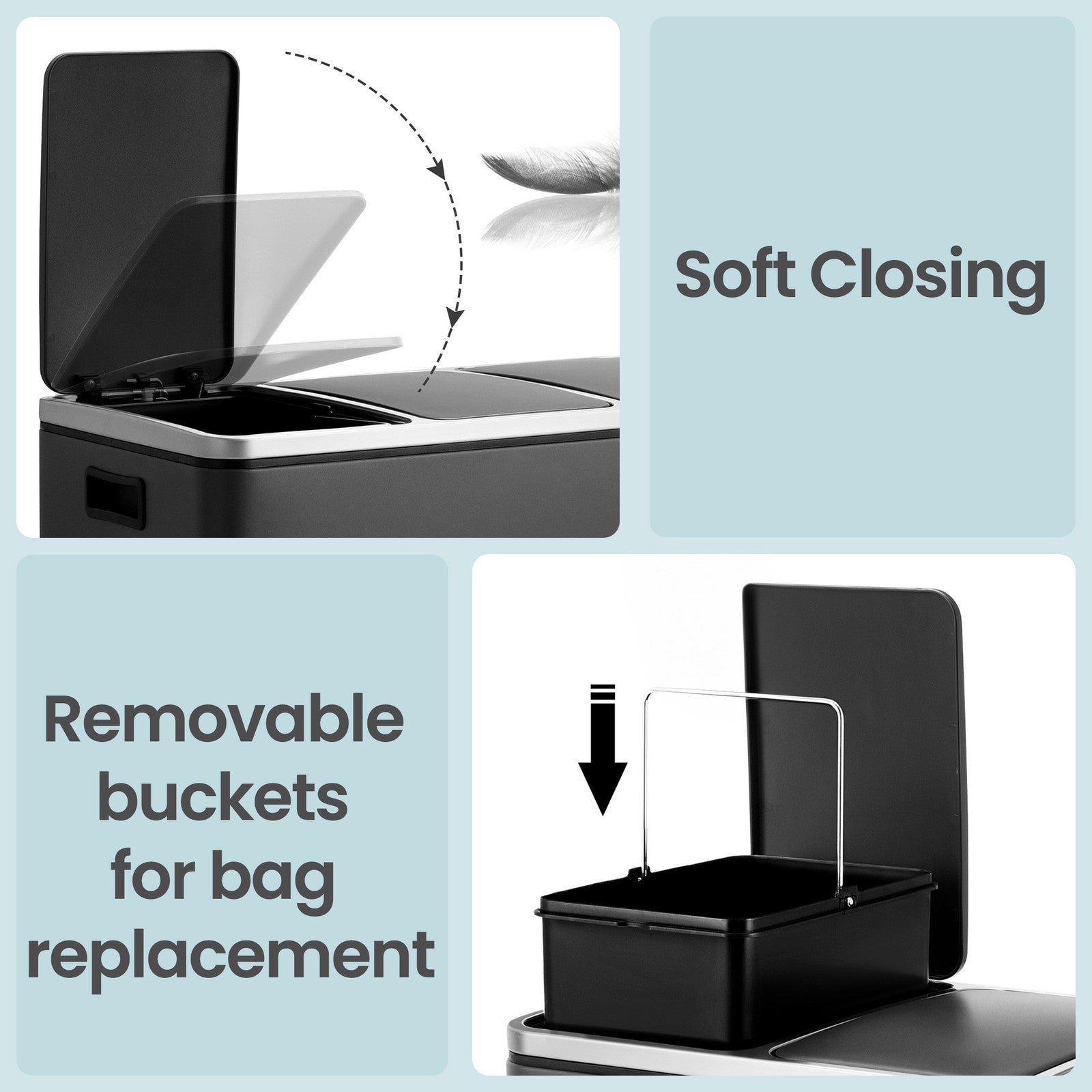 3-Compartment Recycling Bin – Stainless Steel – Fingerprint Resistant – Soft-Closing Lids