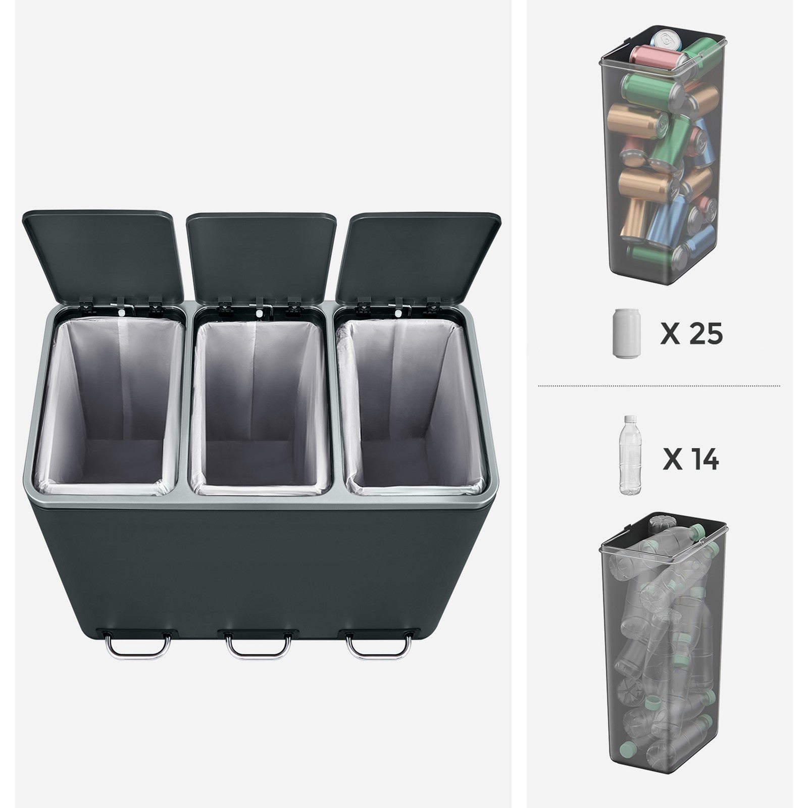 3-Compartment Recycling Bin – Stainless Steel – Fingerprint Resistant – Soft-Closing Lids