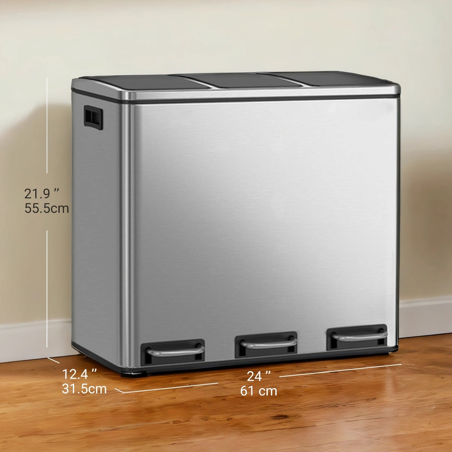 Triple Compartment Pedal Bin – Stainless Steel – Silver Black – Soft-Close Lids with Carry Handles
