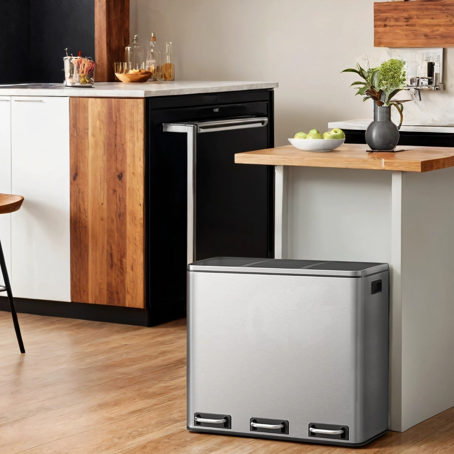 Triple Compartment Pedal Bin – Stainless Steel – Silver Black – Soft-Close Lids with Carry Handles