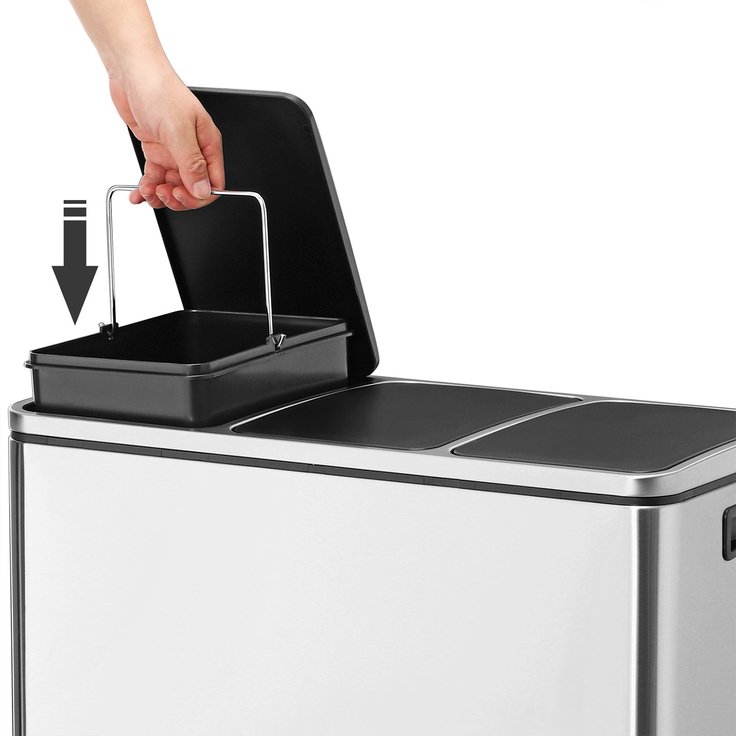 Triple Compartment Pedal Bin – Stainless Steel – Silver Black – Soft-Close Lids with Carry Handles