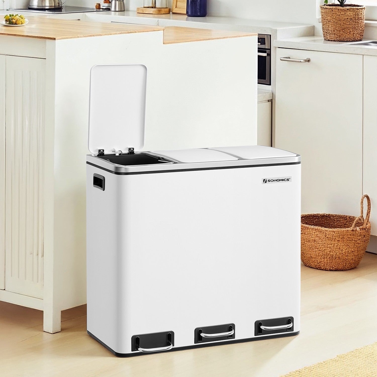 Triple Compartment Pedal Bin – Stainless Steel – White – Soft-Close Lids and Handles, 54L Capacity