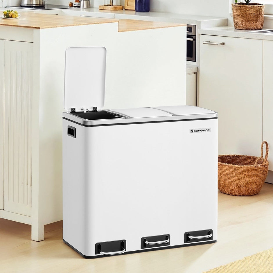 Triple Compartment Pedal Bin – Stainless Steel – White – Soft-Close Lids and Handles, 54L Capacity