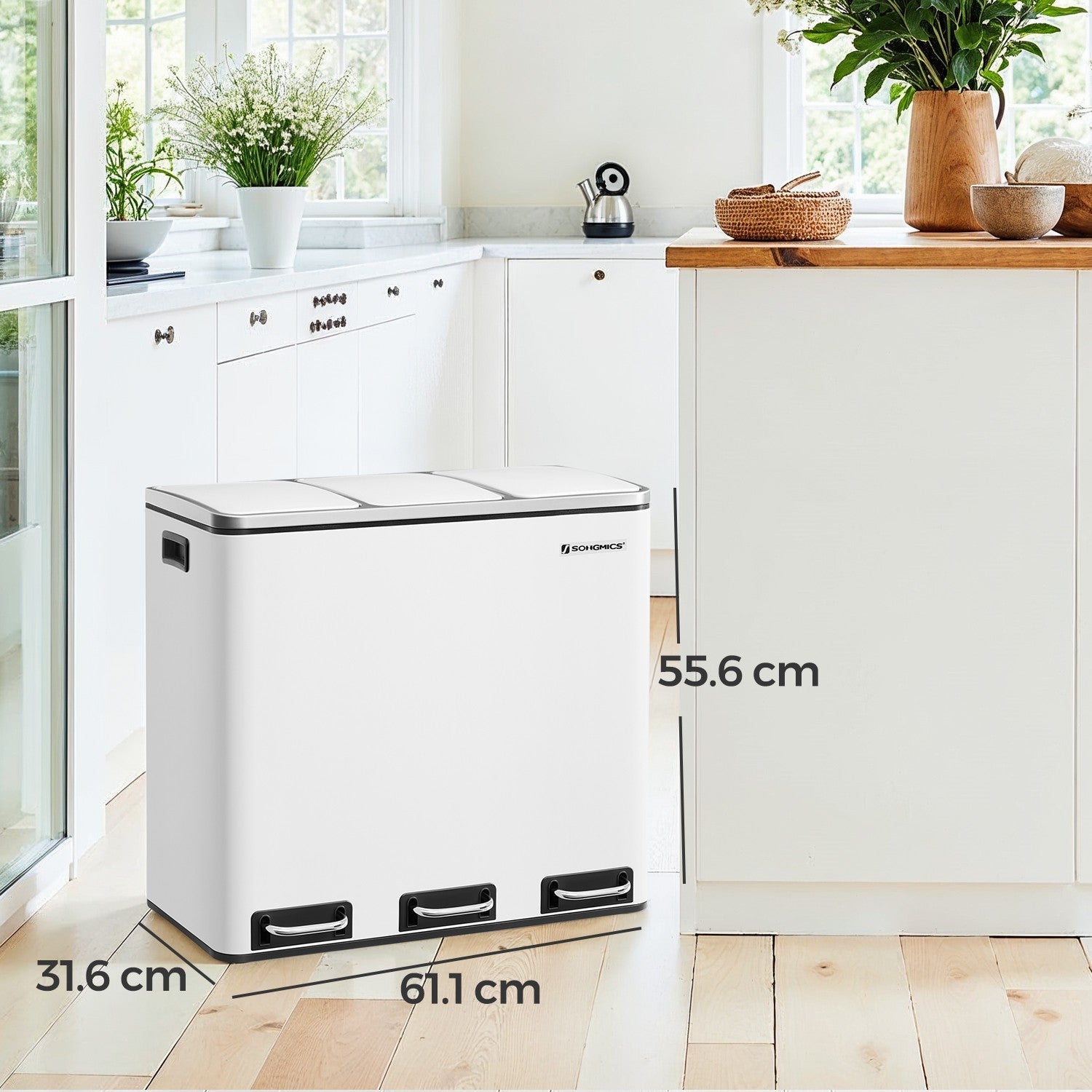 Triple Compartment Pedal Bin – Stainless Steel – White – Soft-Close Lids and Handles, 54L Capacity