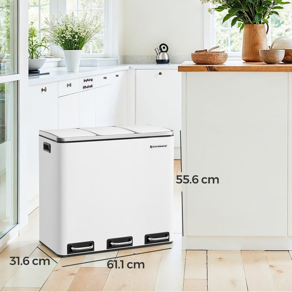 Triple Compartment Pedal Bin – Stainless Steel – White – Soft-Close Lids and Handles, 54L Capacity