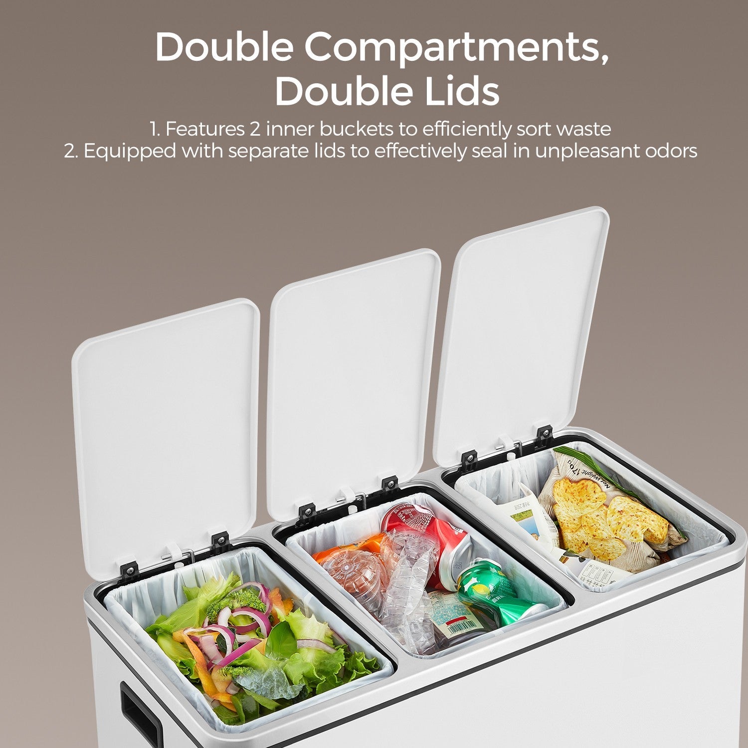Triple Compartment Pedal Bin – Stainless Steel – White – Soft-Close Lids and Handles, 54L Capacity