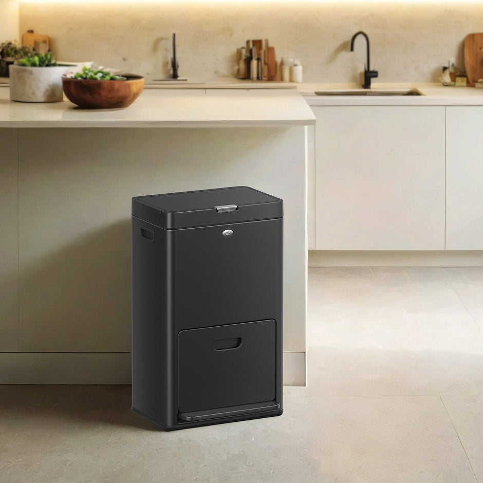 Recycling Bin – Metal – Black – 3 Compartments with Carbon Filter