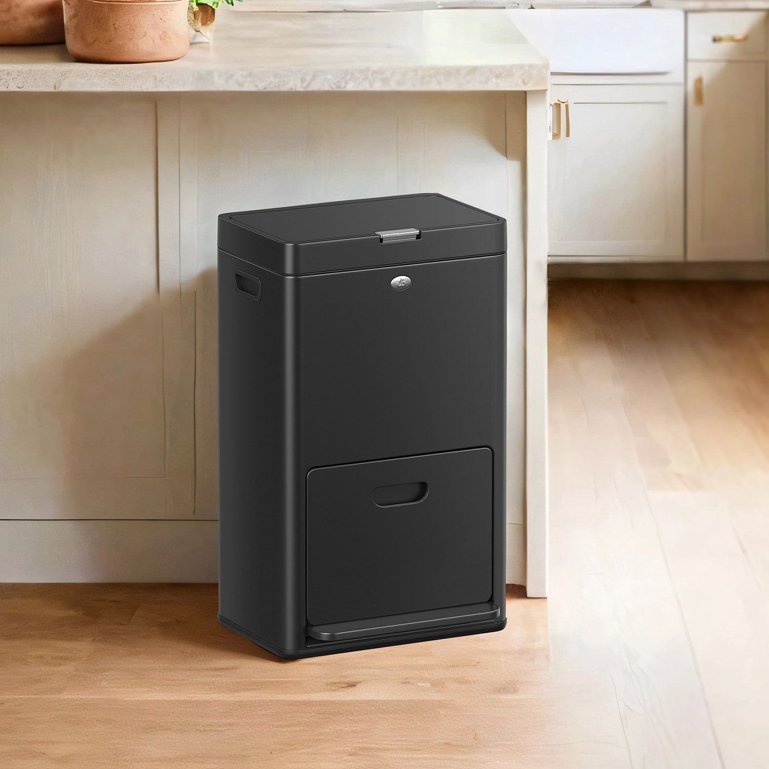 Recycling Bin – Metal – Black – 3 Compartments with Carbon Filter