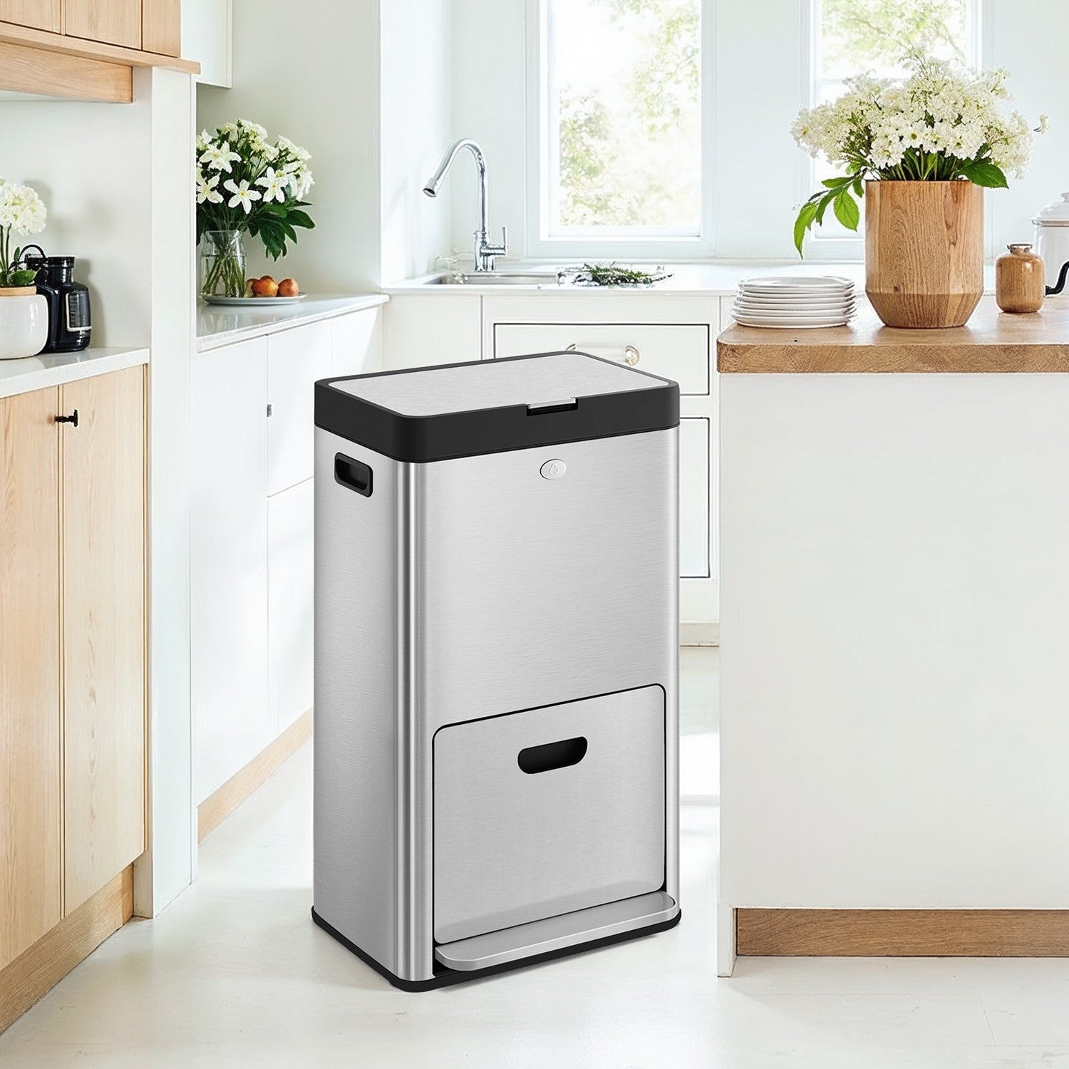 3-Compartment Kitchen Bin – Stainless Steel – Silver – Includes Carbon Filter