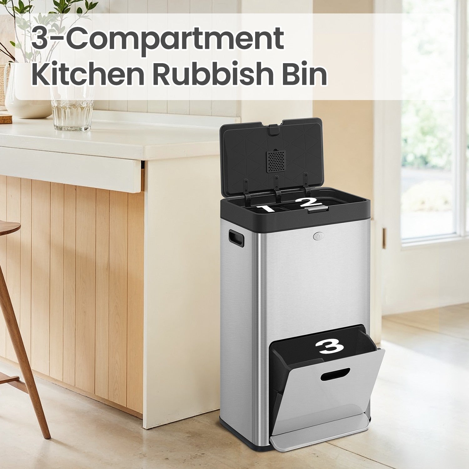 3-Compartment Kitchen Bin – Stainless Steel – Silver – Includes Carbon Filter