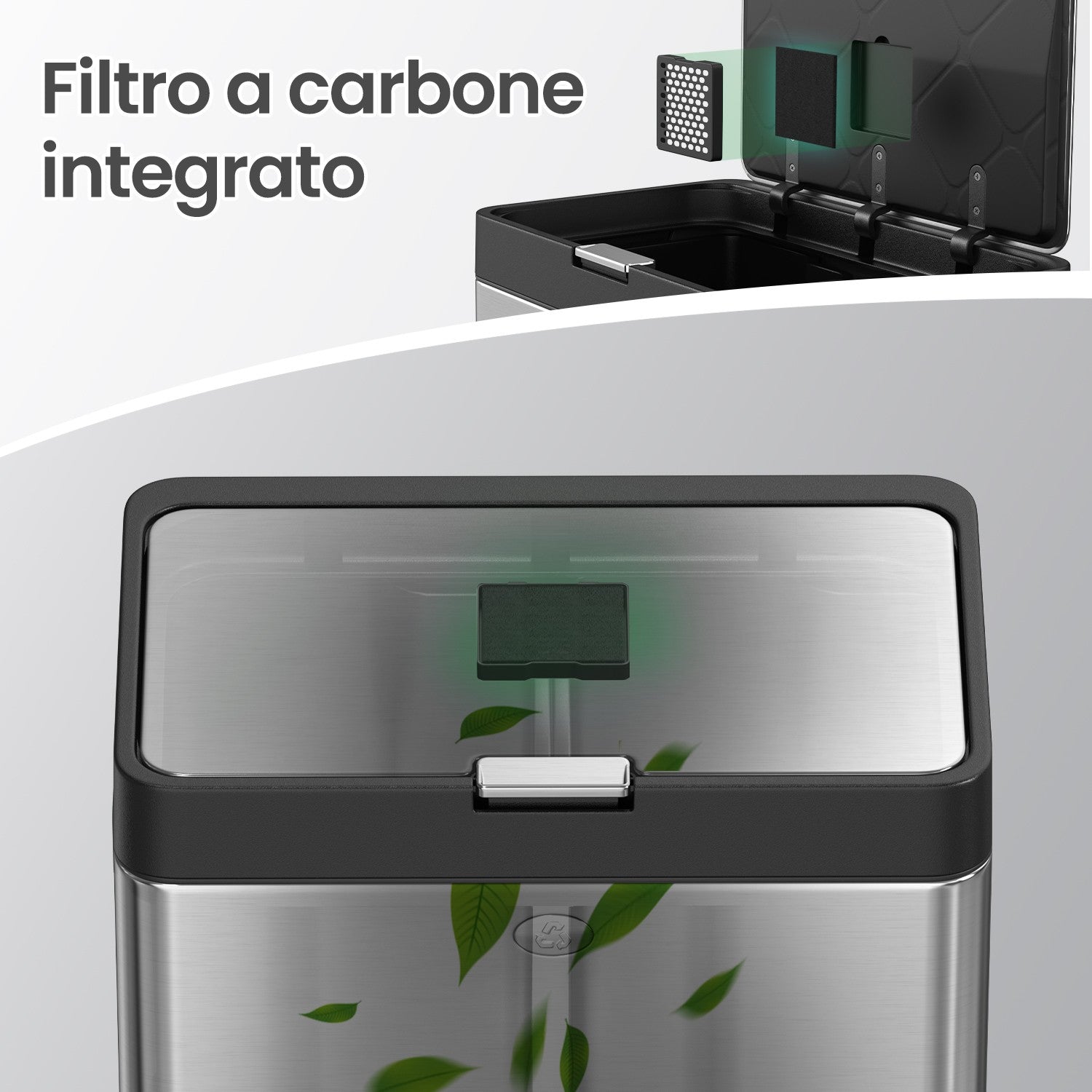3-Compartment Kitchen Bin – Stainless Steel – Silver – Includes Carbon Filter