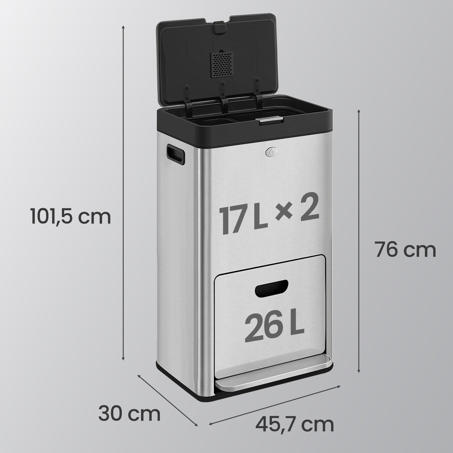 3-Compartment Kitchen Bin – Stainless Steel – Silver – Includes Carbon Filter