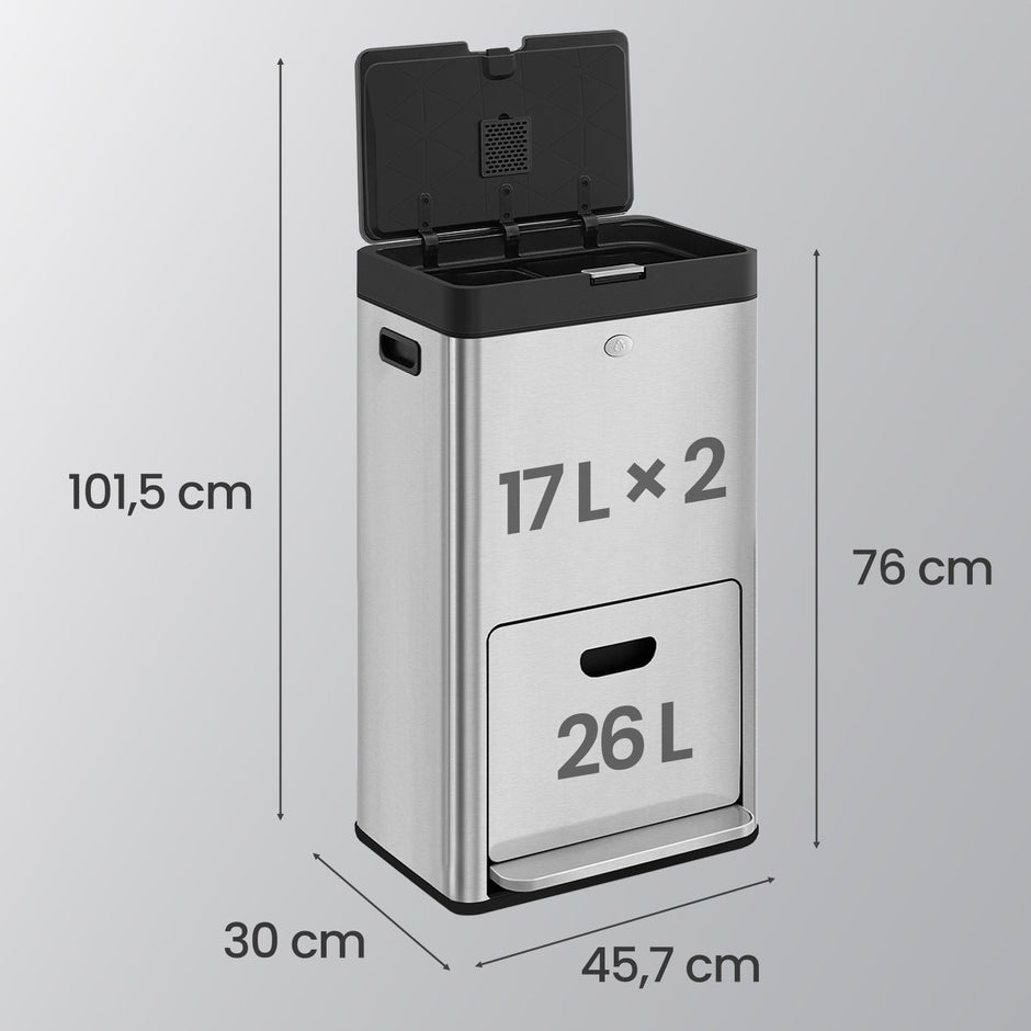 3-Compartment Kitchen Bin – Stainless Steel – Silver – Includes Carbon Filter