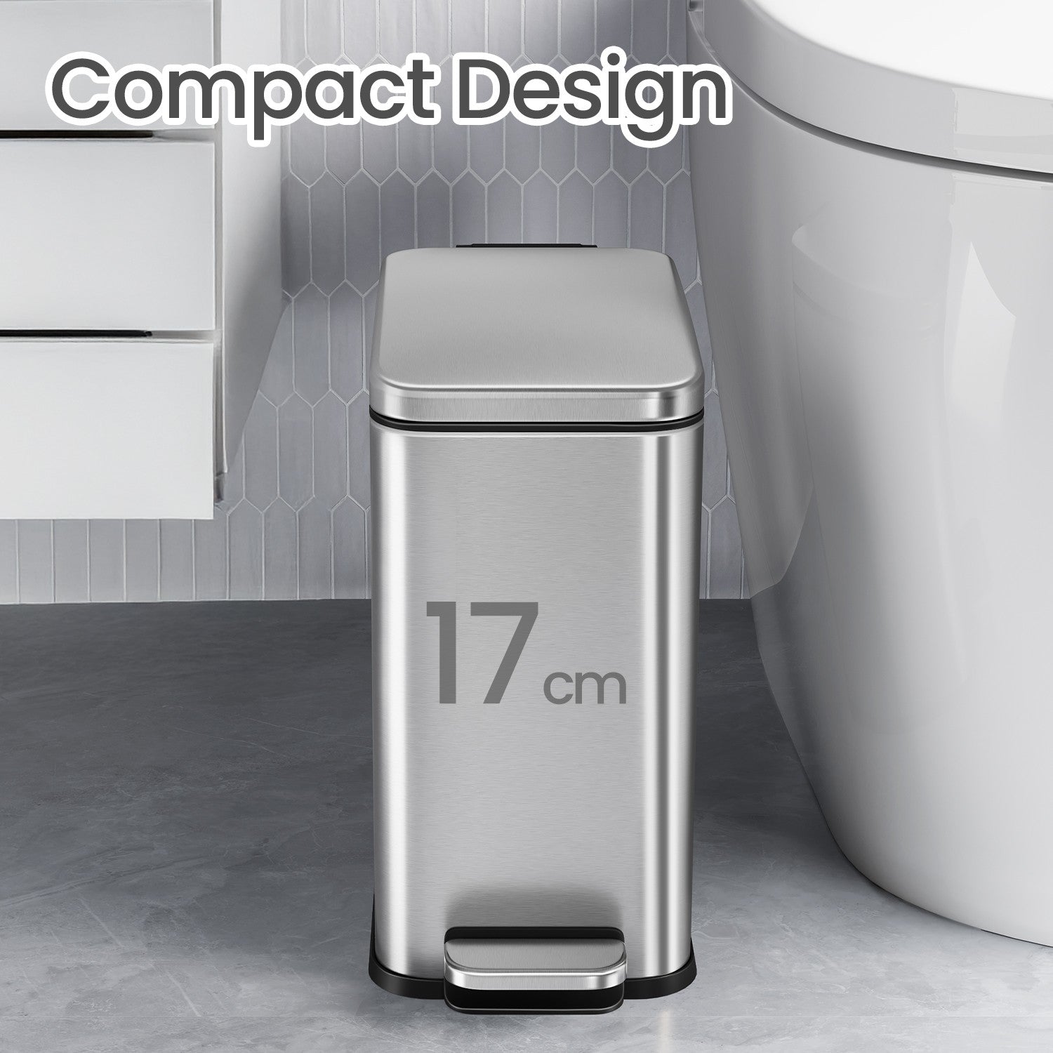 Bathroom Bin – Steel – Grey – Soft Close, 10L Capacity