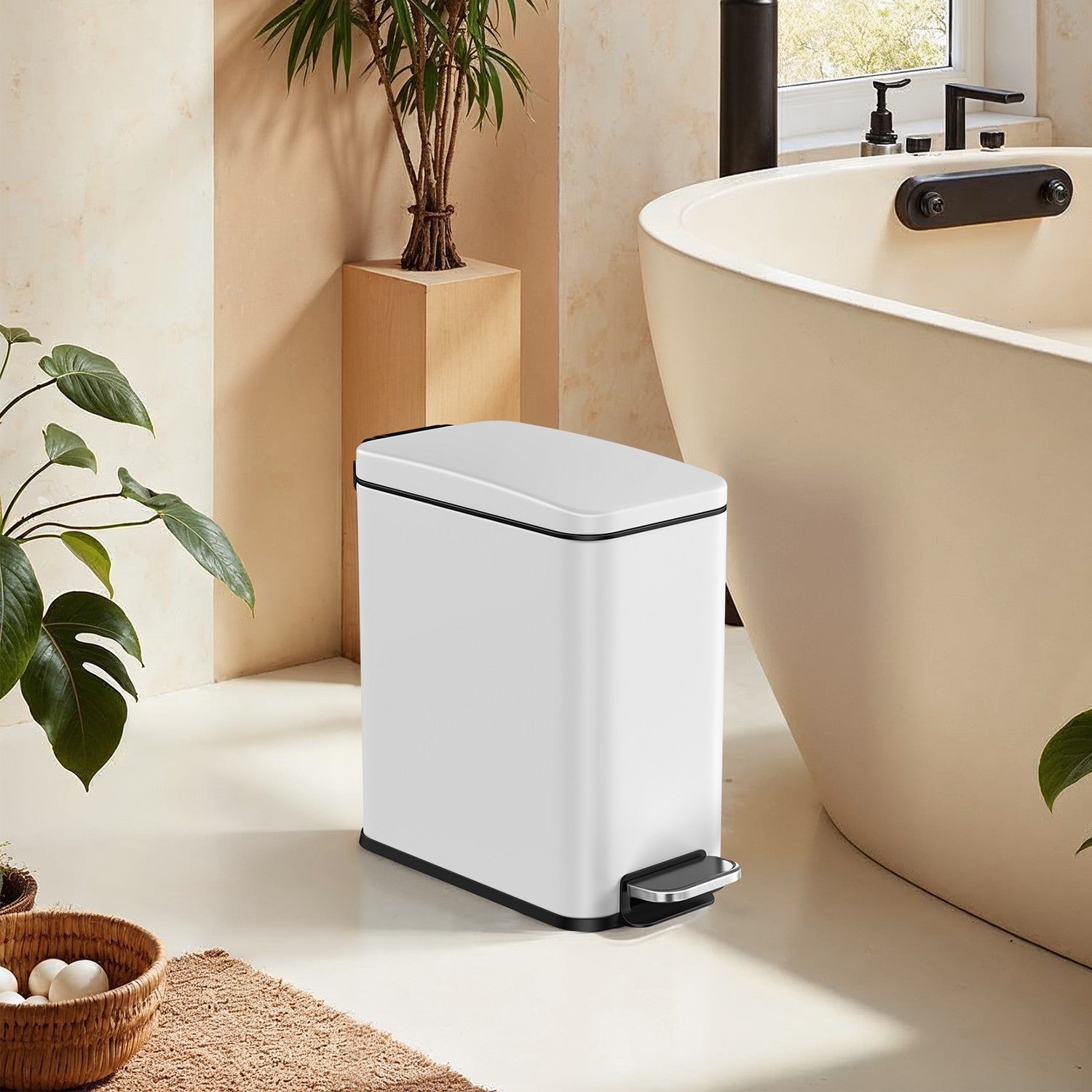 Bathroom Pedal Bin – Steel – White – Soft Close, 10L Capacity, Slim Design for Small Spaces