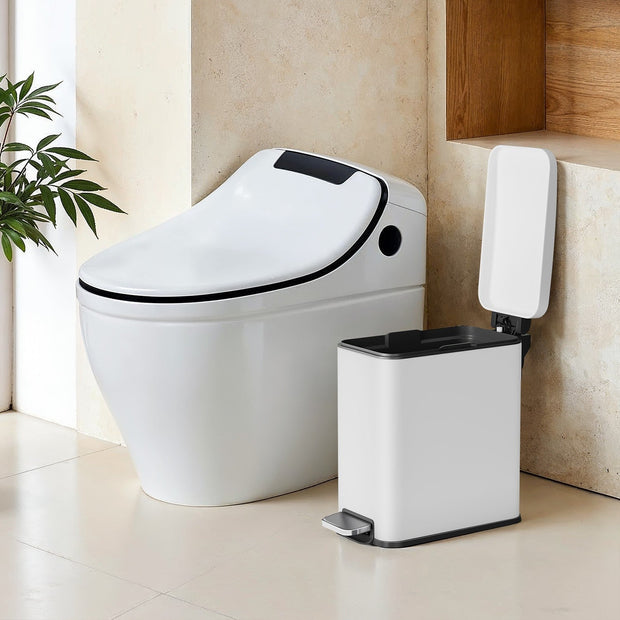 Bathroom Pedal Bin – Steel – White – Soft Close, 10L Capacity, Slim Design for Small Spaces