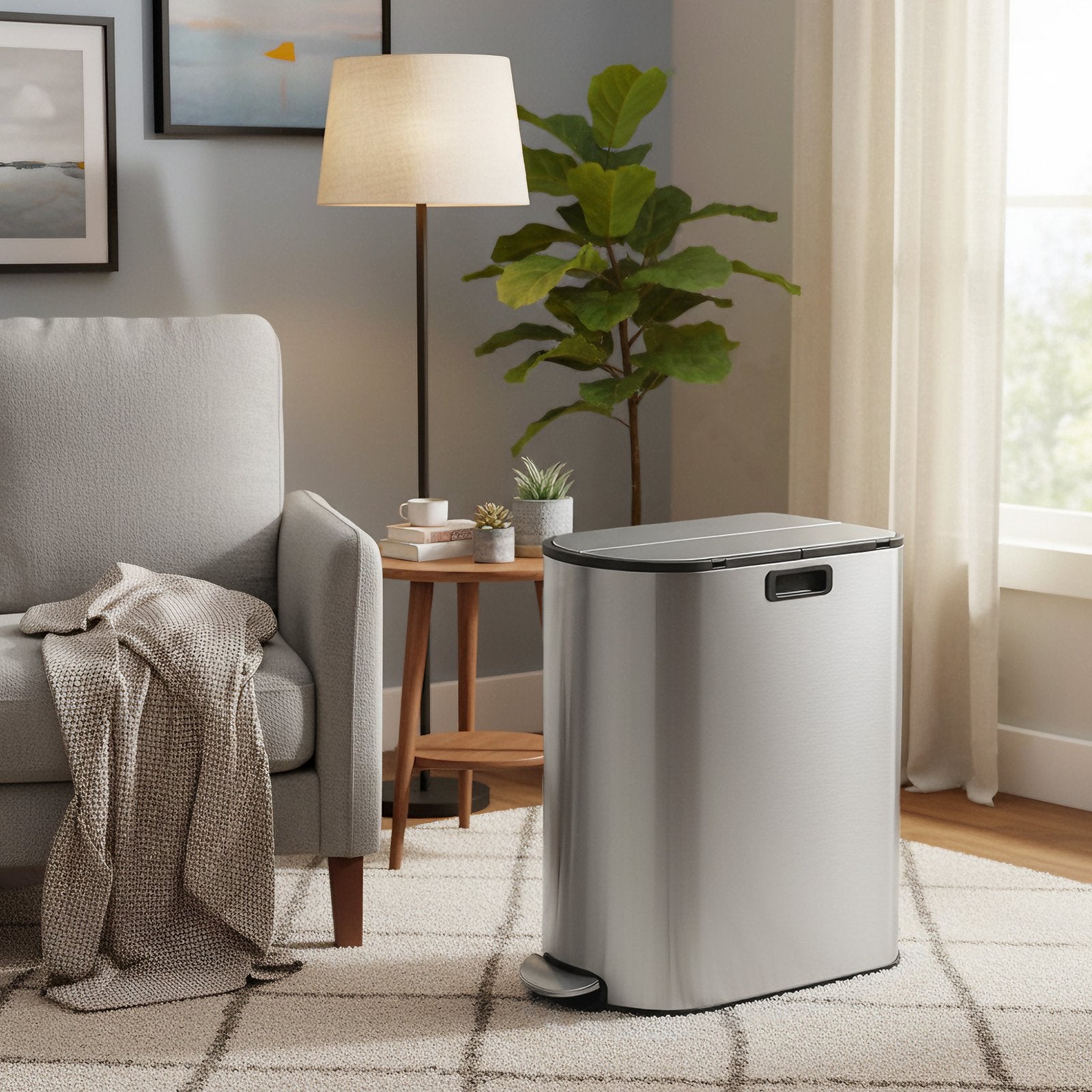 Dual Compartment Recycling Bin – Plastic – Slim Design – Pedal Operation with Wing Lids