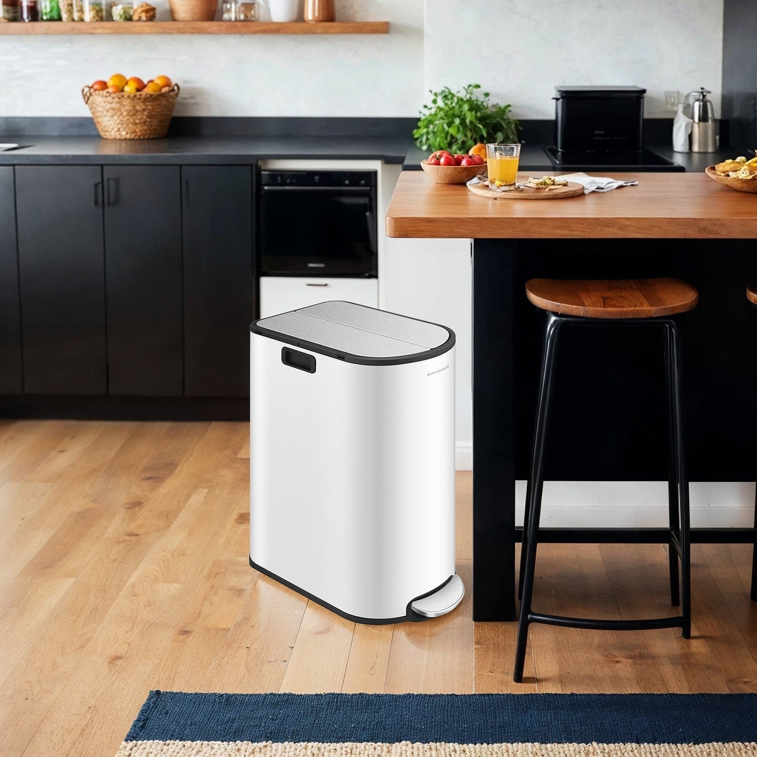 2-Section Recycling Pedal Bin – Metal – White and Silver – Slim Design with Butterfly Lids