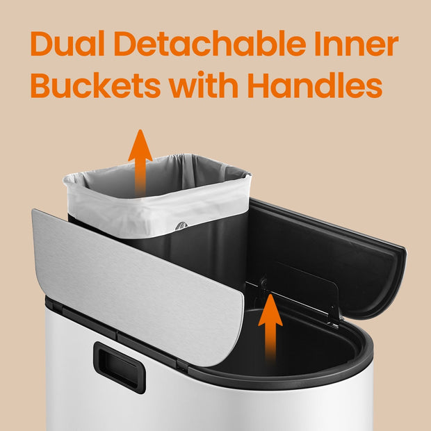 2-Section Recycling Pedal Bin – Metal – White and Silver – Slim Design with Butterfly Lids