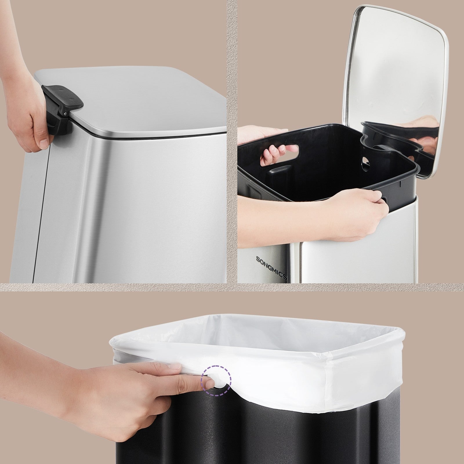 Trash Can – Stainless Steel – Metallic Silver – 20L Capacity with Soft Close and Stay Open Feature