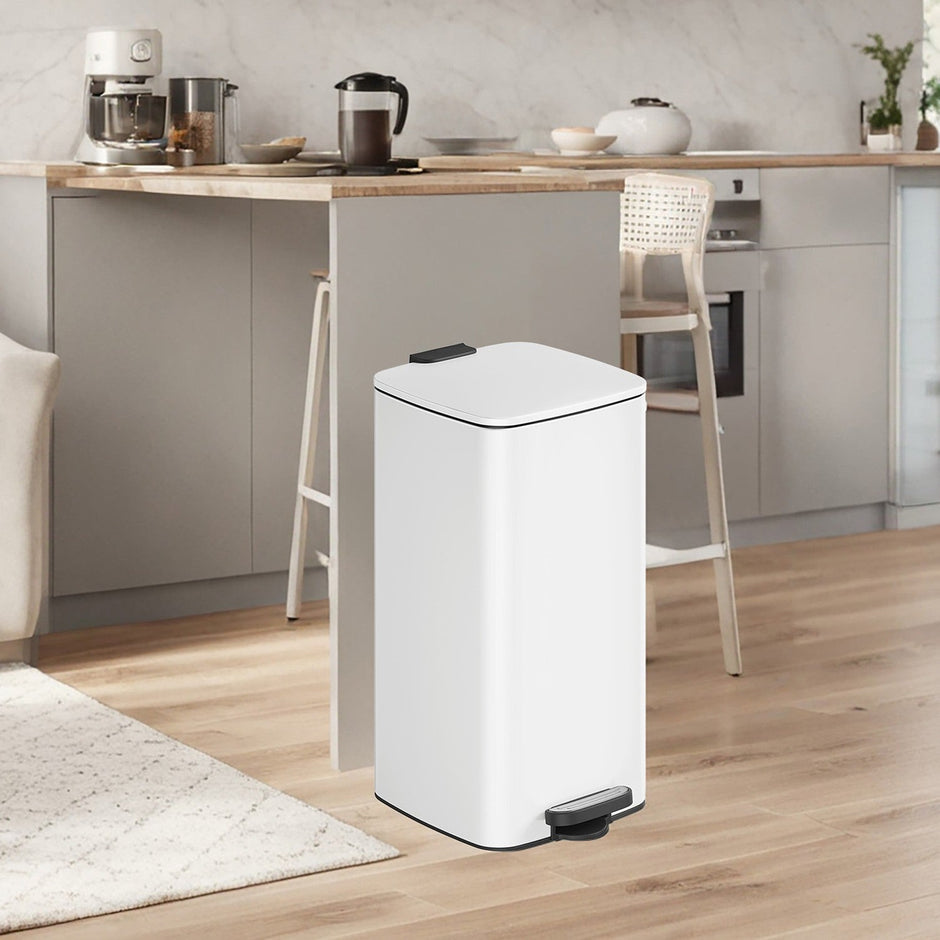 Pedal Waste Bin – Stainless Steel – White – Soft Close with Inner Bucket and Stays Open Feature