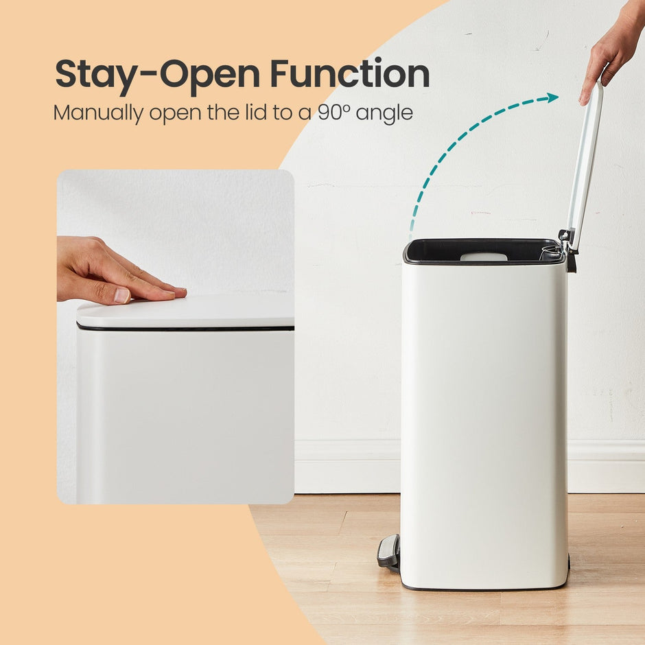 Pedal Waste Bin – Stainless Steel – White – Soft Close with Inner Bucket and Stays Open Feature