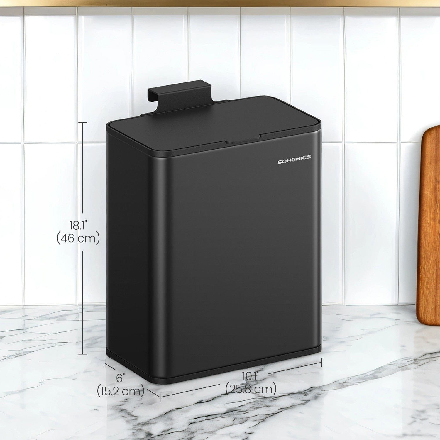 Hanging Kitchen Trash Can – Steel – 8L – Lid with Wall-Mount and Cabinet Door Hooks